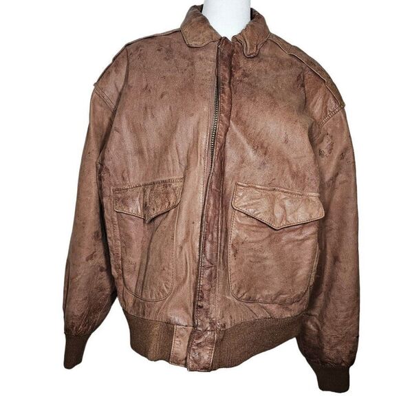 Vintage 80s Leather Bomber Flight Jacket Mens Size Medium Brown Soft - Picture 1 of 13